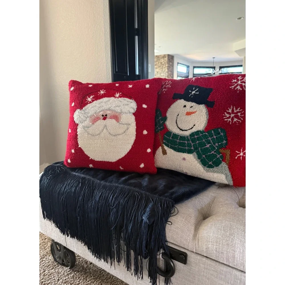 Christmas Decor Santa and Snowman Hand Hooked Throw Pillow Set Red Holiday 15X14